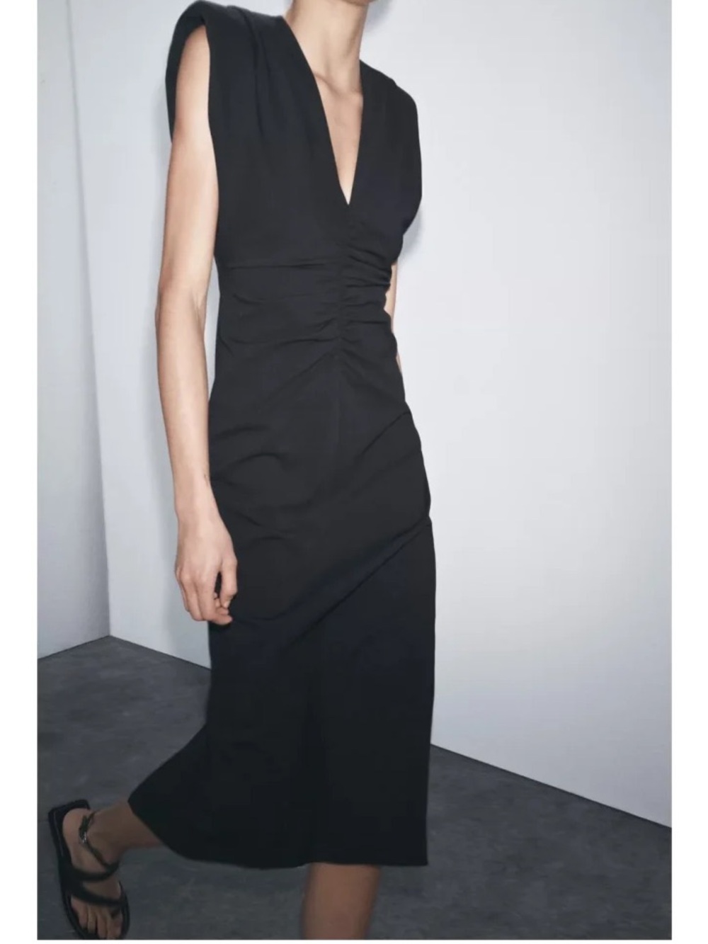 ZARA ZW Collection Ruched Black Midi Dress w/ Shoulder Pads - XS - Picture 14 of 14